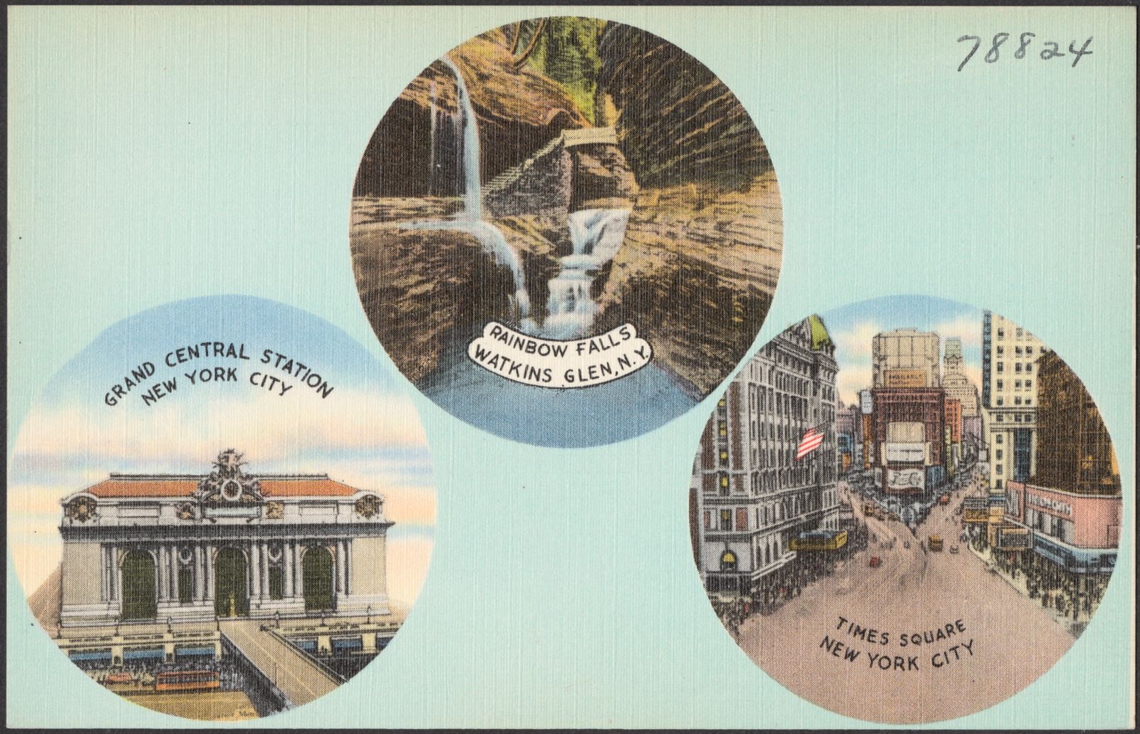Rainbow Falls, Watkins Glen, N. Y. Grand Central Station, New York City. Times Square, New York City, Boston Public Library - undated