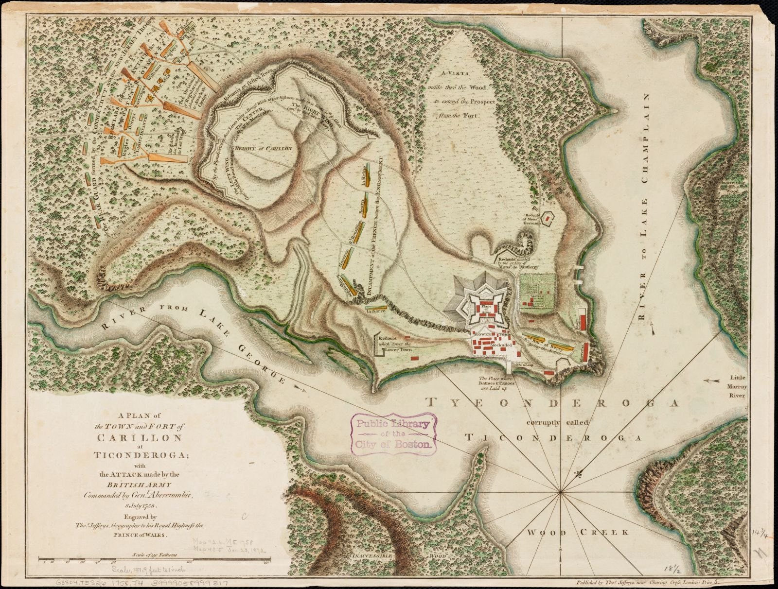 A plan of the town and Fort of Carillon at Ticonderoga with the attack made by the British army commanded by Genl. Abercrombie, 8 July 1758, Boston Public Library - undated