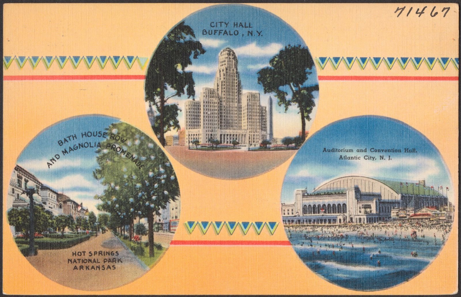 City Hall, Buffalo, N.Y. Bath house row and magnolia promenade, Hot Springs National Park, Arkansas. Auditorium and Convention Hall, Atlantic City, N. J., Boston Public Library - undated