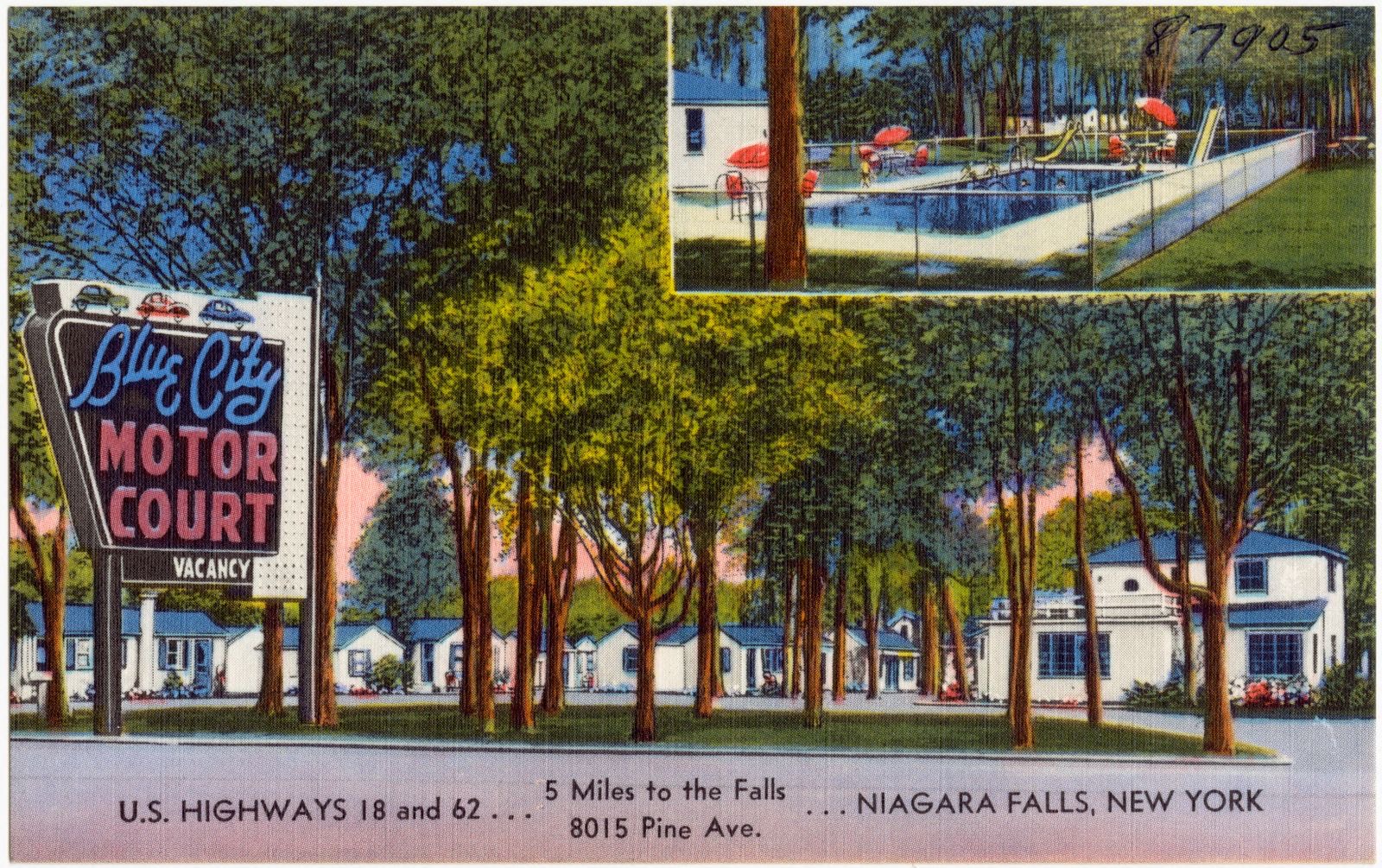Blue City Motor Court. U.S. Highways 18 and 62, 5 miles to the falls, 8015 Pine Ave. Niagara Falls, New York, Boston Public Library - undated