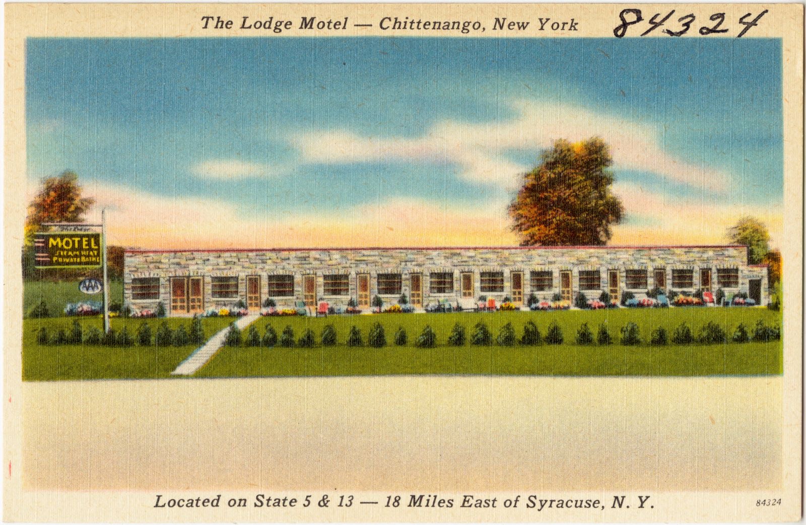 The Lodge Motel -- Chittenango, New York, located on State 5 & 13 -- 18 miles east of Syracuse, N. Y., Boston Public Library - undated