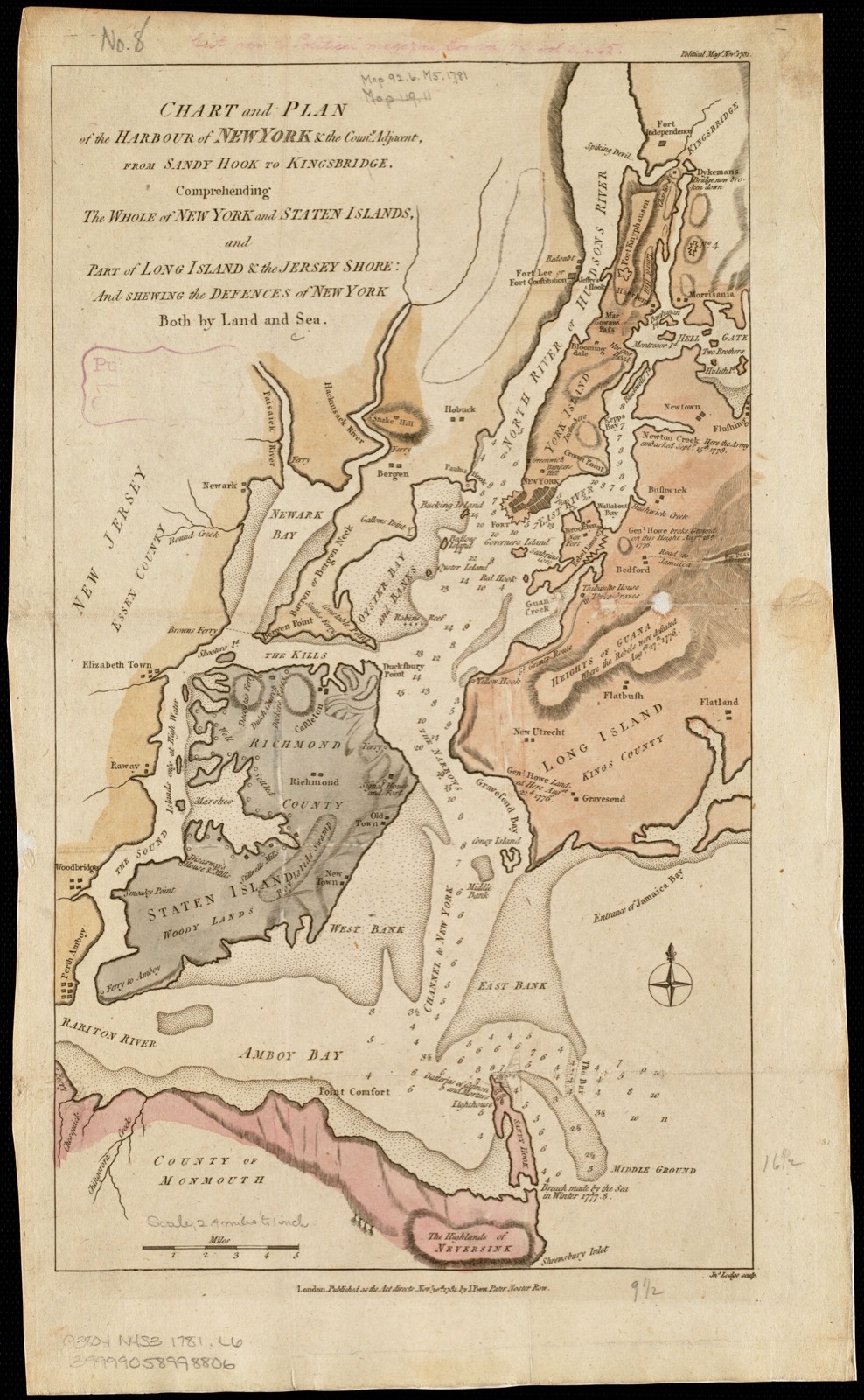 Chart and plan of the harbour of New York & the couny. adjacent, from Sandy Hook to Kingsbridge, comprehending the whole of New York and Staten Islands, and part of Long Island & the Jersey shore and shewing the defences of New York both by land and sea, Boston Public Library - undated