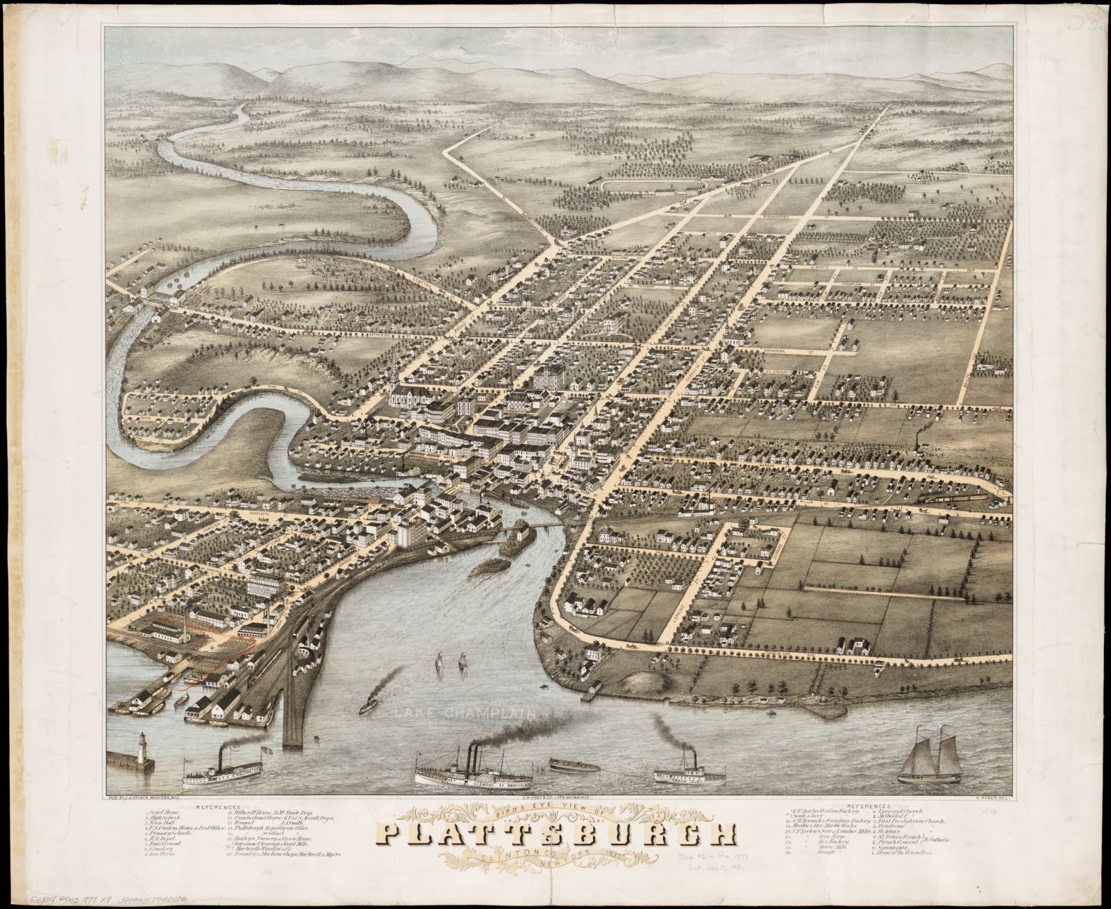 Bird's eye view of Plattsburgh, Clinton Co., New York 1877, Boston Public Library - undated