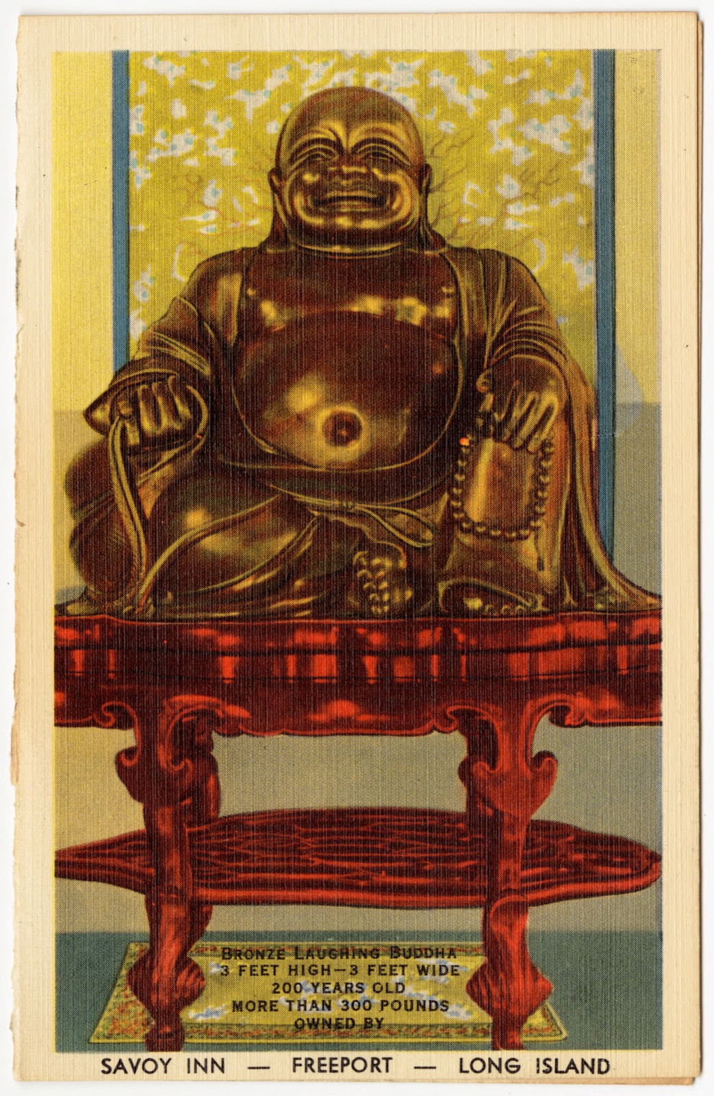Bronze laughing Buddha. 3 Feet High -- 3 Feet Wide, 200 Years Old. More than 300 pounds. Owned by Savoy Inn -- Freeport -- Long Island, Boston Public Library - undated