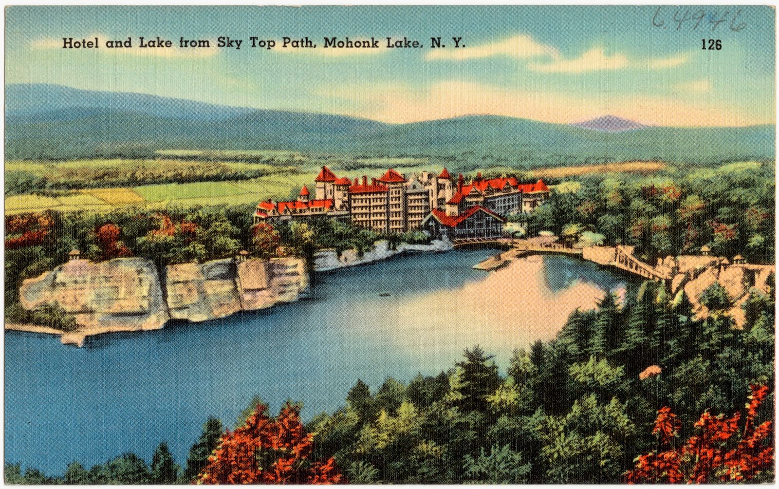 Hotel and lake from Sky Top Path, Mohonk Lake, N. Y., Boston Public Library - undated