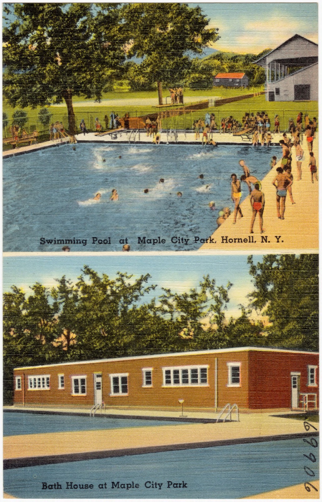 Swimming pool at Maple City Park, Hornell, N. Y. Bath house at Maple City Park, Boston Public Library - undated
