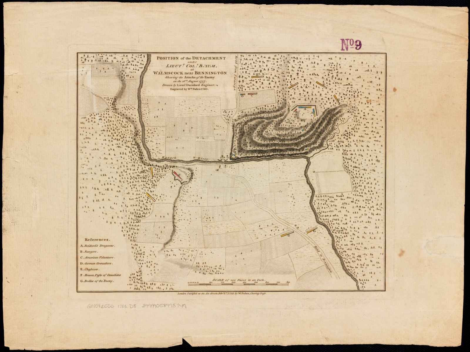 Position of the detachment under Lieut. Col. Baum, at Walmscock near Bennington shewing the attacks of the enemy on the 16th August 1777, Boston Public Library - undated