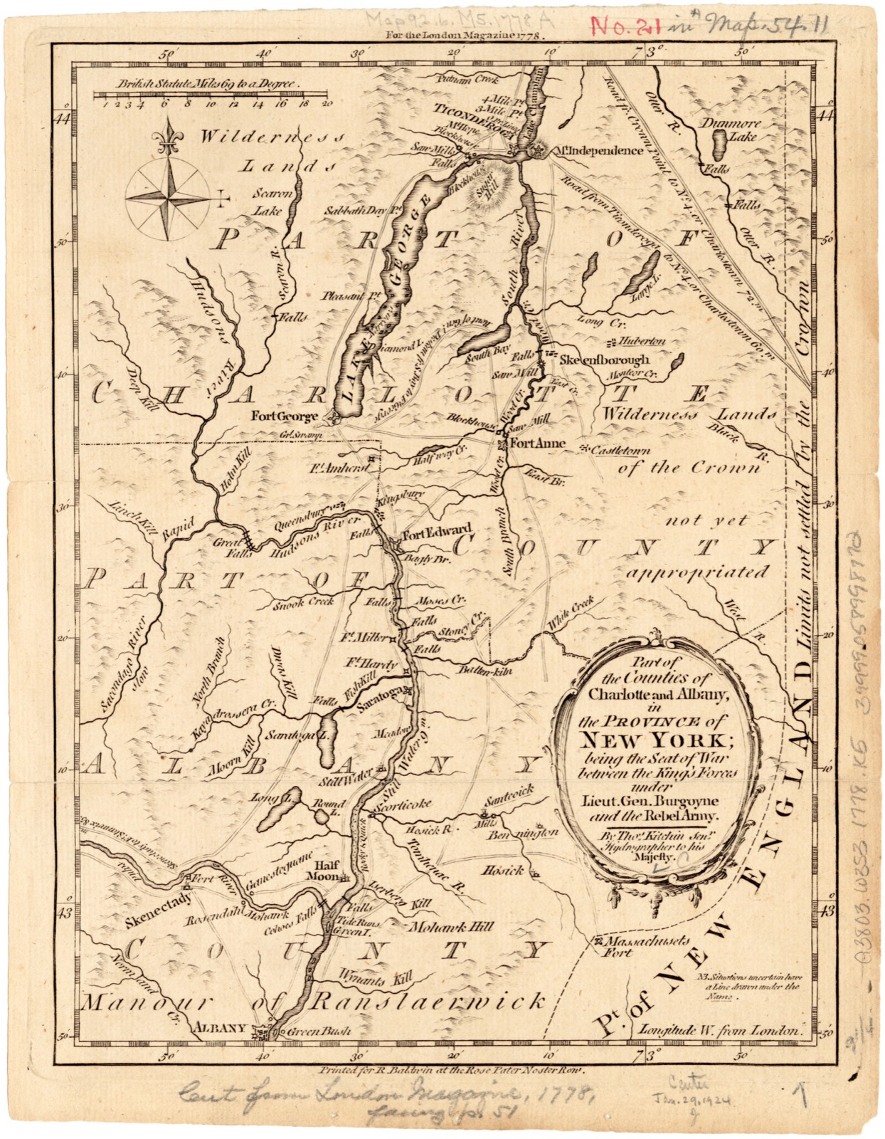 Part of the counties of Charlotte and Albany, in the Province of New York being the seat of war between the King's forces under Lieut. Gen. Burgoyne and the rebel army, Boston Public Library - undated