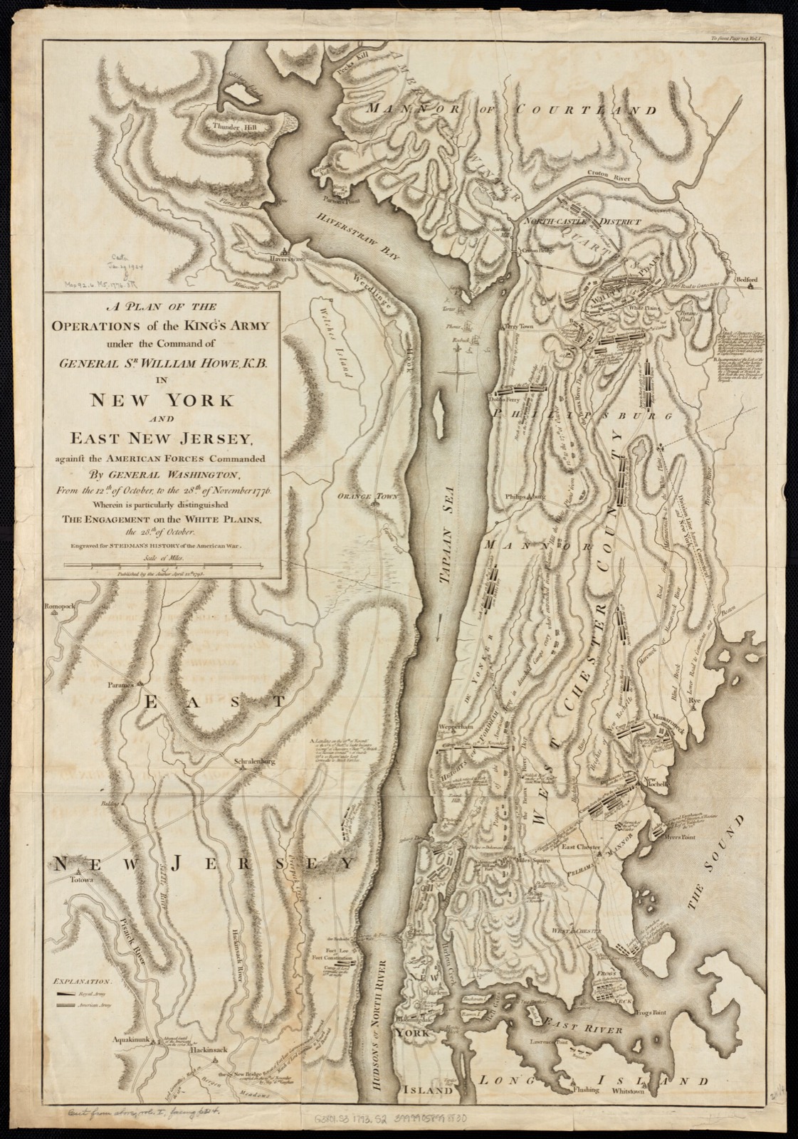 A plan of the operations of the King's army under the command of General Sr. William Howe, K.B. in New York and east New Jersey against the American forces commanded by General Washington from the 12th. of October, to the 28th. of November 1776 wherein is particularly distinguished the engagement on the White Plains, the 28th. of October, Boston Public Library - undated