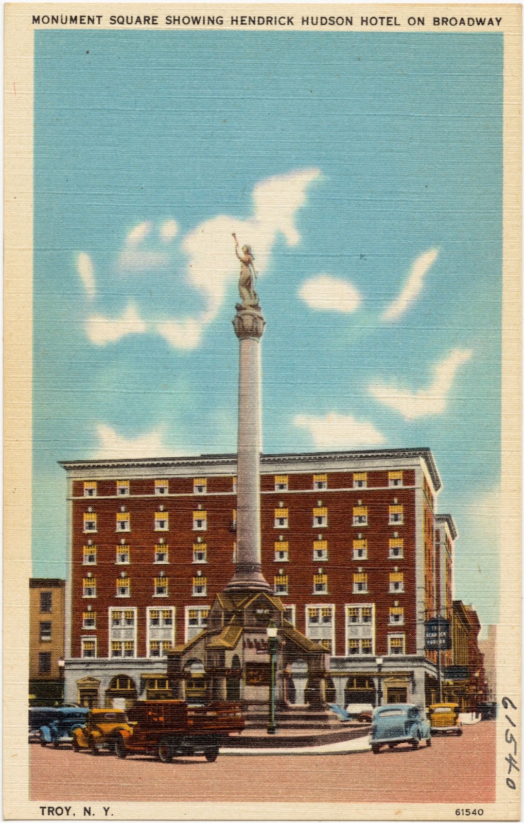 Monument Square showing Hendrick Hudson Hotel on Broadway, Troy, N. Y., Boston Public Library - undated