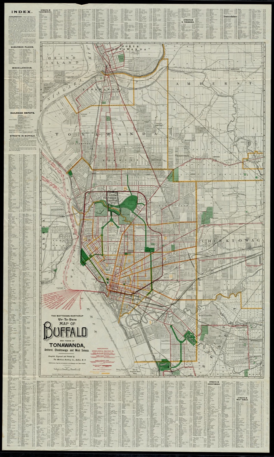 The Matthews-Northrup up-to-date map of Buffalo and towns of Tonawanda, Amherst, Cheektowaga and West Seneca, Boston Public Library - undated