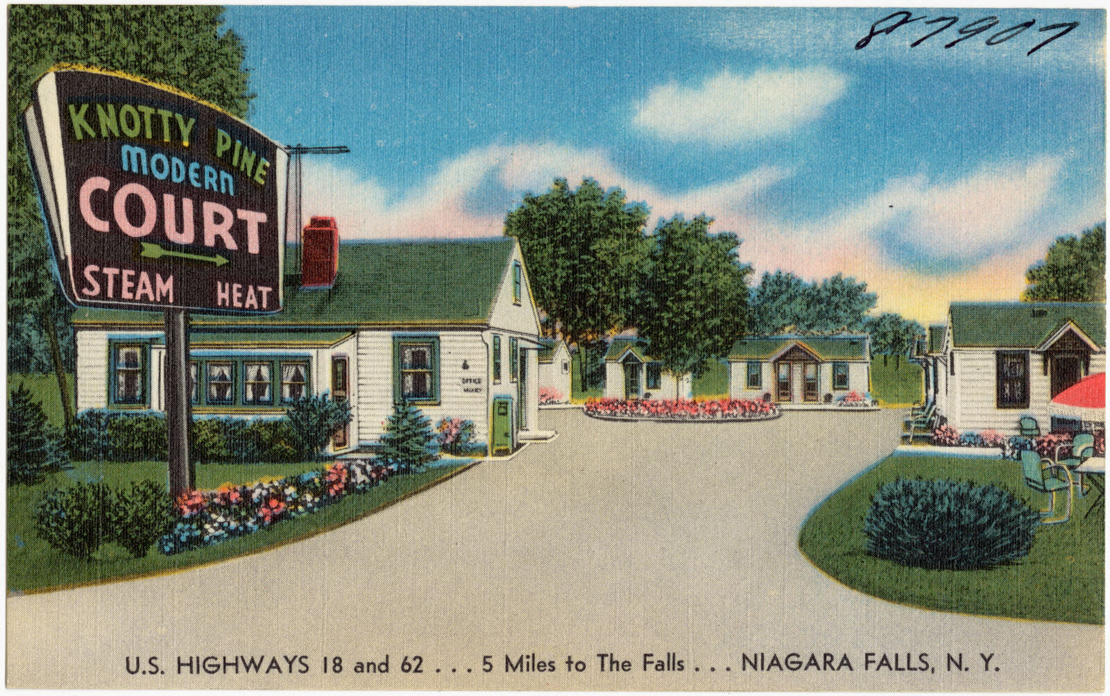 Knotty Pine Modern Court. U.S. Highways 18 and 62, 5 miles to the falls, Niagara Falls, N. Y., Boston Public Library - undated