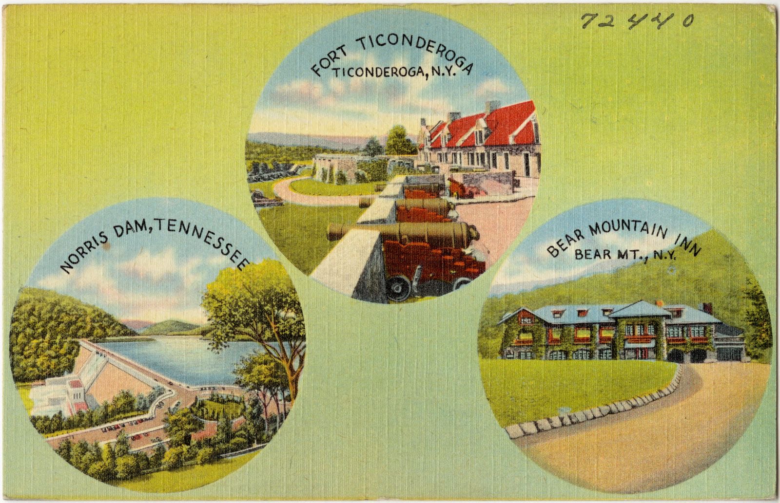 Norris Dam, Tennessee. Fort Ticonderoga, Ticonderoga, N.Y. Bear Mountain Inn, Bear Mt., N.Y., Boston Public Library - undated