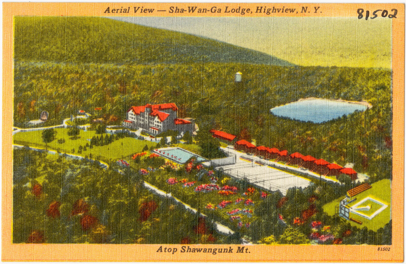 Aerial view -- Sha-Wan-Ga Lodge, Highview, N. Y. Atop Shawagunk Mt., Boston Public Library - undated
