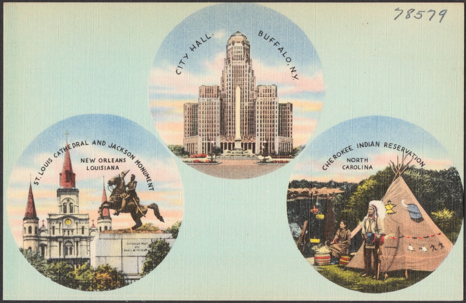 City Hall, Buffalo, N.Y. St. Louis Cathedral and Jackson monument, New Orleans, Louisiana. Cherokee Indian Reservation, North Carolina, Boston Public Library - undated