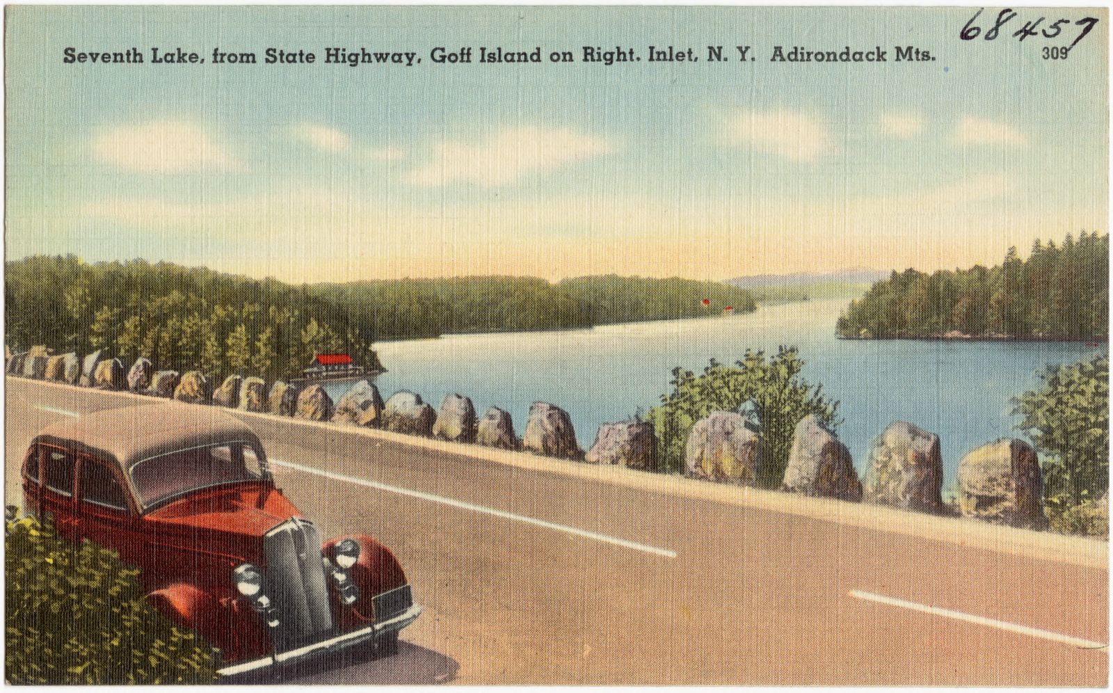 Seventh Lake, from State Highway, Goff Island on right. Inlet, N. Y., Adirondack Mts., Boston Public Library - undated