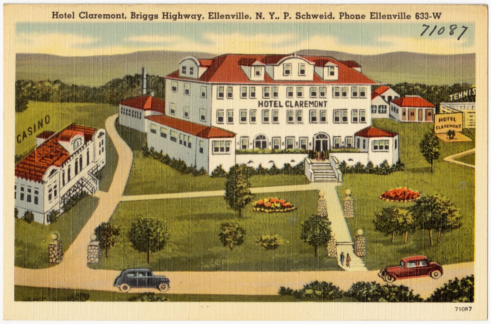 Hotel Claremont, Briggs Highway, Ellenville, N. Y., P. Schweid, Phone Ellenville 633-W, Boston Public Library - undated
