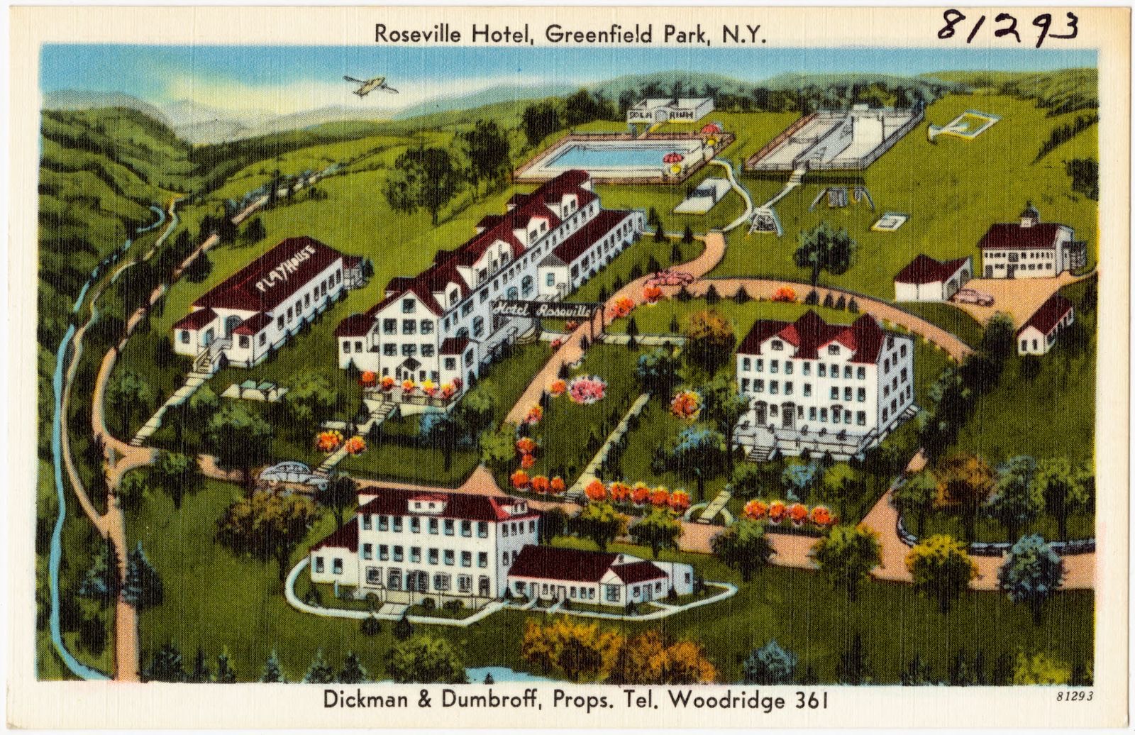 Roseville Hotel, Greenfield Park, N.Y. Dickman & Dumbroff, Props. Tel. Woodridge 361, Boston Public Library - undated