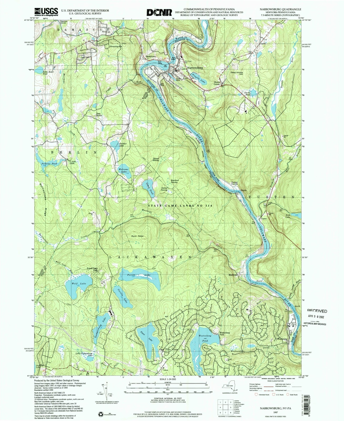 Topographic sheet of Narrowsburg, surveyed 1997