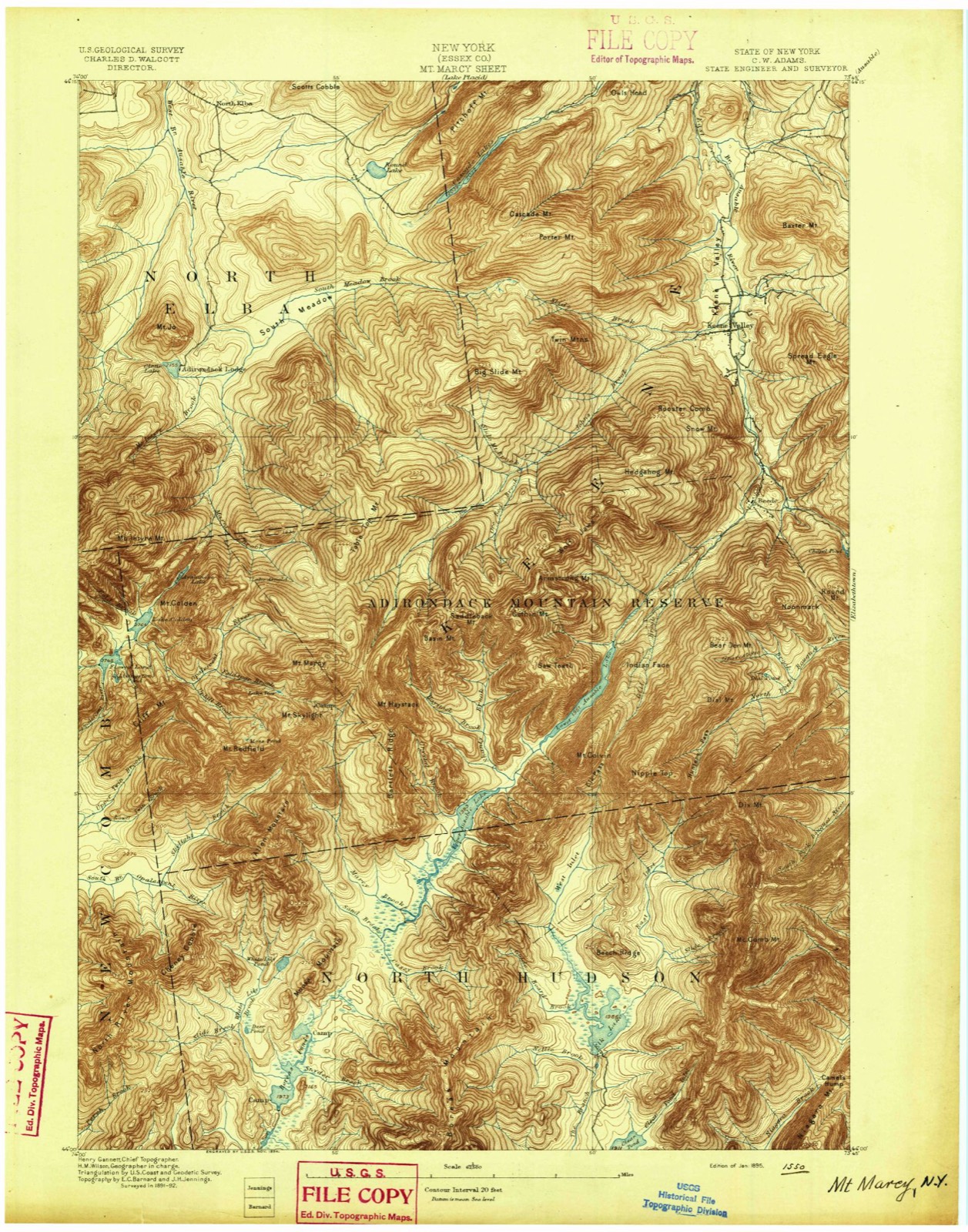 Topographic sheet covering Beer's Bridge, surveyed 1895