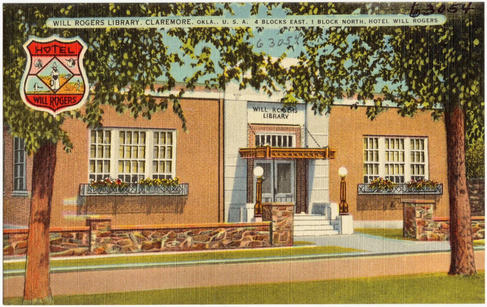 Will Rogers Library, Claremore, Okla., U.S.A., 4 blocks east, 1 block north, Hotel Will Rogers, Boston Public Library - undated