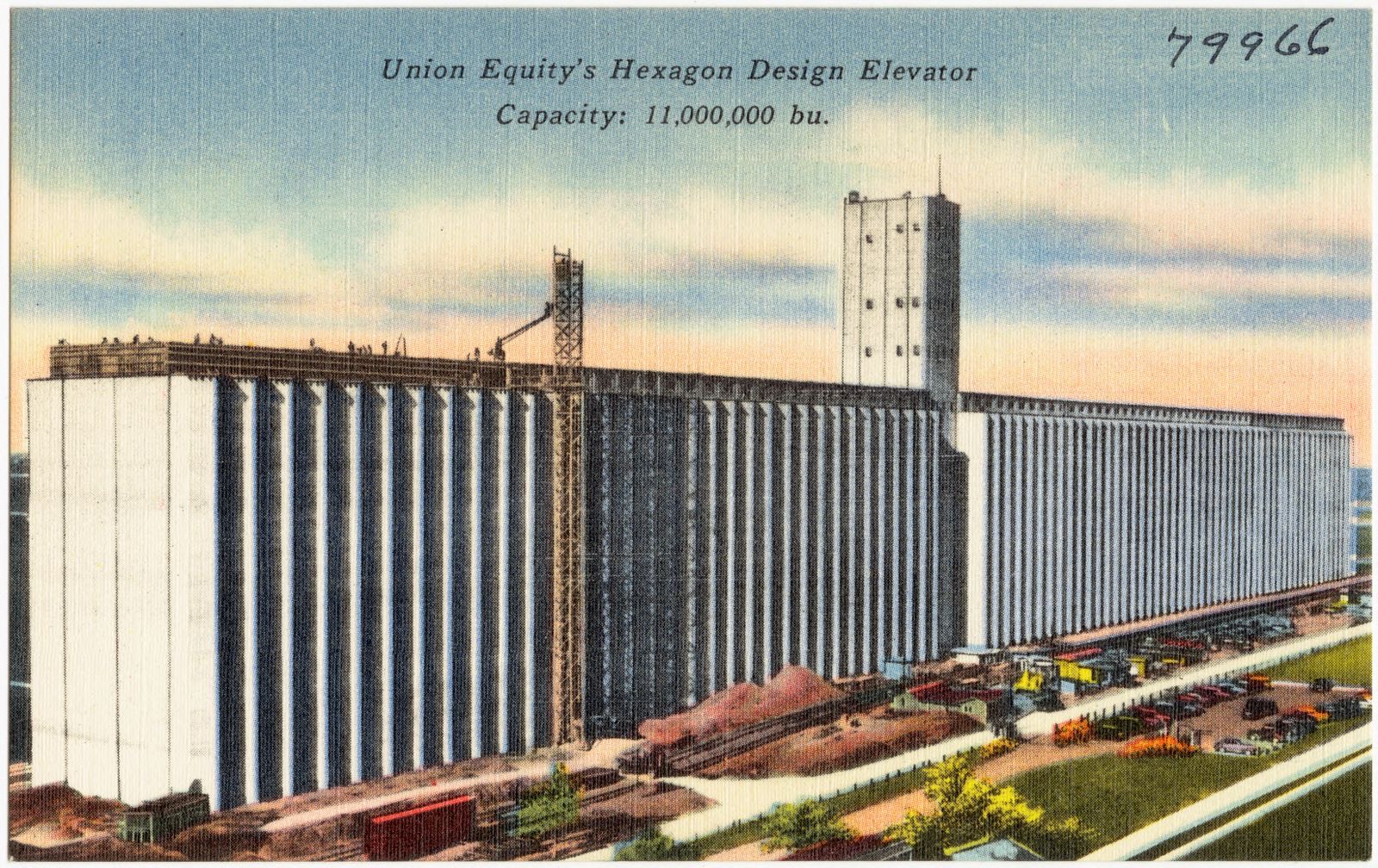 Union Equity's Hexagon Design Elevator. Capacity: 11,000,000 bu., Boston Public Library - undated