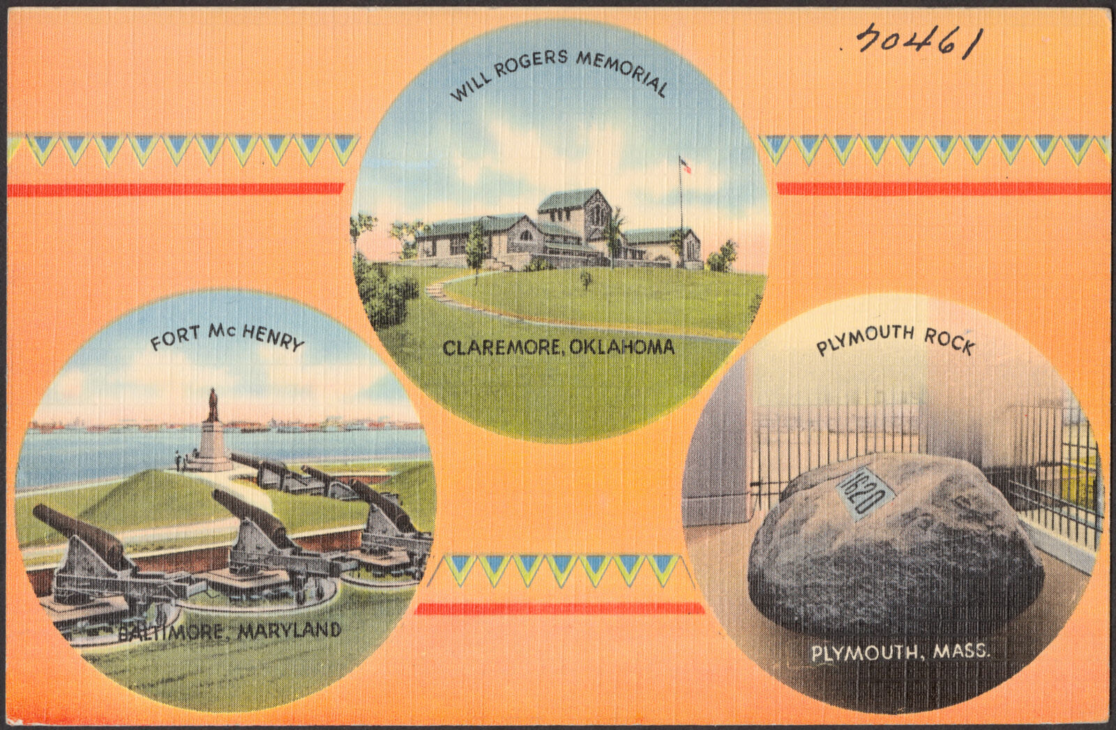 Will Rogers Memorial, Claremore, Oklahoma. Fort McHenry, Baltimore, Maryland. Plymouth Rock, Plymouth, Mass., Boston Public Library - undated