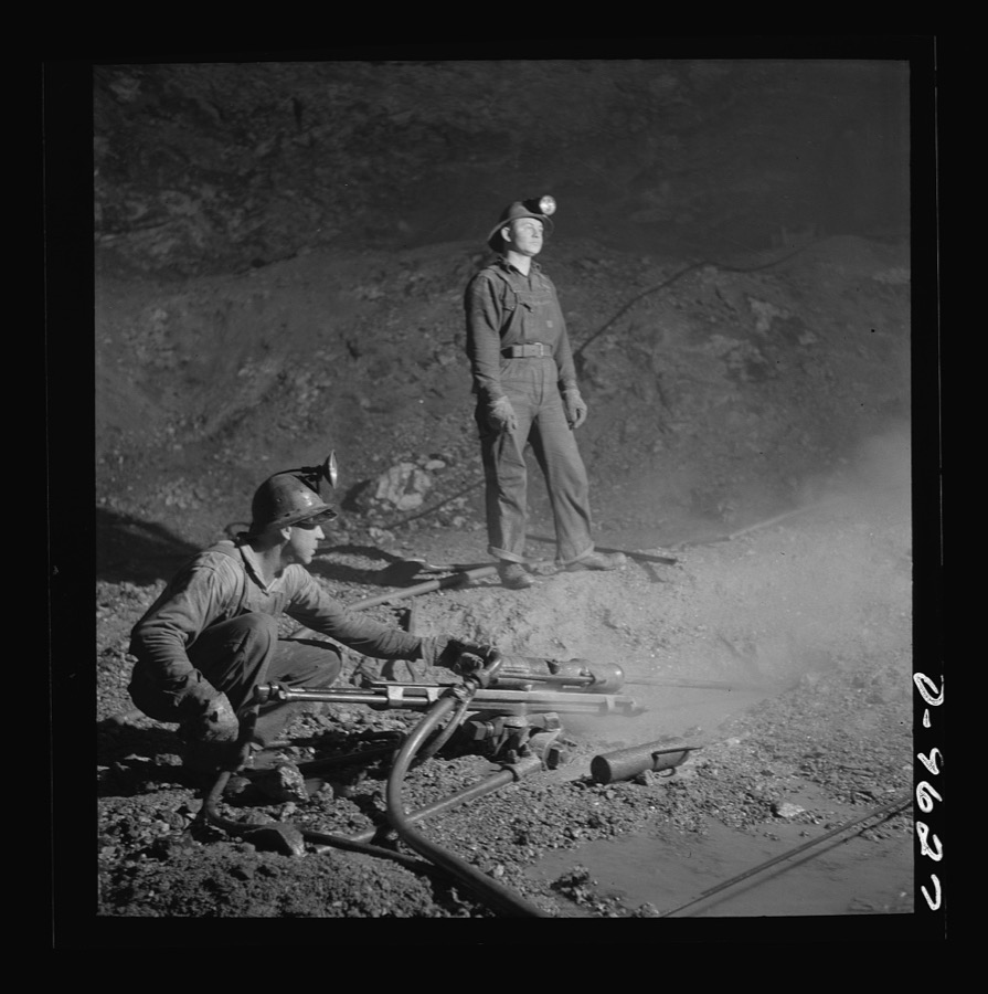 Production. Zinc. Blast hole drillers at a zinc mine of the Eagle-Picher Company near Cardin, Oklahoma, from which come great quantities of zinc and lead to serve many important purposes in the war effort