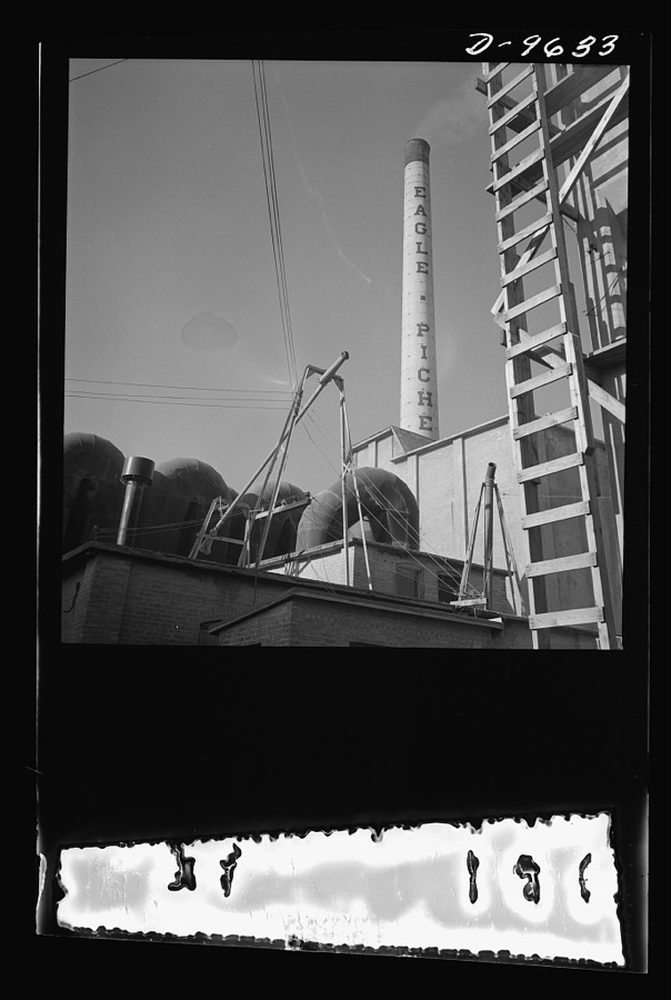 Production. Zinc. Smokestack of a large zinc-lead smelting plant. From the Eagle-Picher plant near Cardin, Oklahoma, come great quantities of zinc and lead to serve many important purposes in the war effort