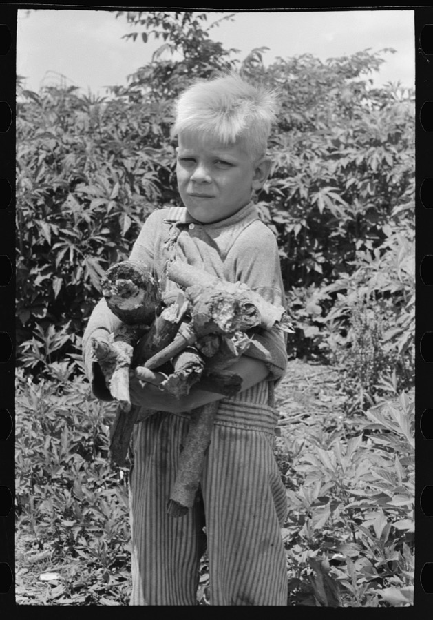 Son of day laborer with load of wood in his arms, near Webber Falls, Muskogee County, Oklahoma