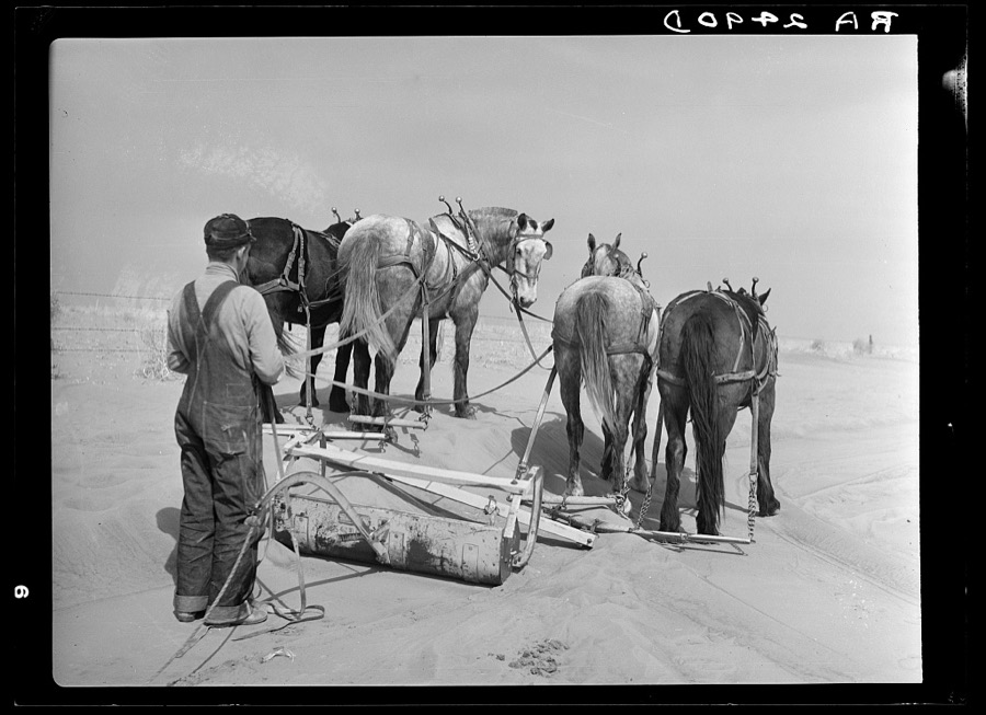 Removing drifts of soil which block the highways near Guymon, Oklahoma