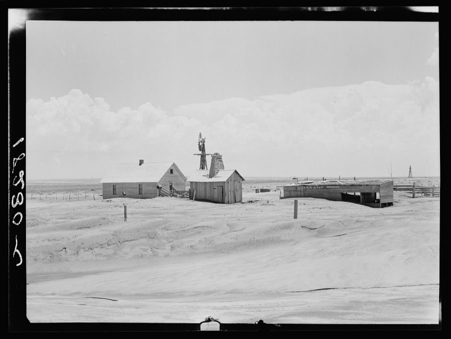 Abandoned farm of the western Panhandle, Cimmaron [i.e. Cimarron] County, Oklahoma. In 1934 and again in 1936 drought conditions in the Great Plains became so severe that it was necessary for the federal government to take steps to rescue dying cattle, relieve destitute families and safeguard human lives. From the report of the Great Plains Committee, 1936
