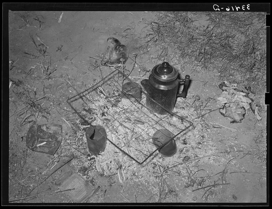 Camp fire of migrant workers near Prague, Oklahoma. Lincoln County