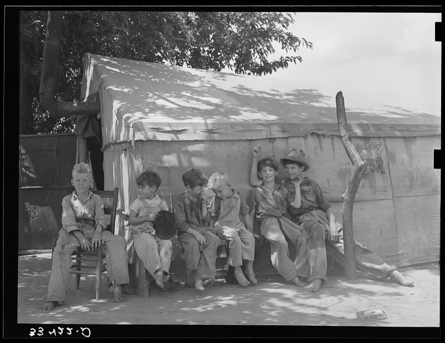 Sons of day laborers. Some of their fathers were agricultural workers and some were dispossessed tenant farmers now on WPA (Works Progress Administration/Work Projects Administration). The WPA work is holding many of these former tenant farmers in their communities, but they are all potential migrants. None of these children had ever attended school. The camp was near Webbers Falls, Oklahoma
