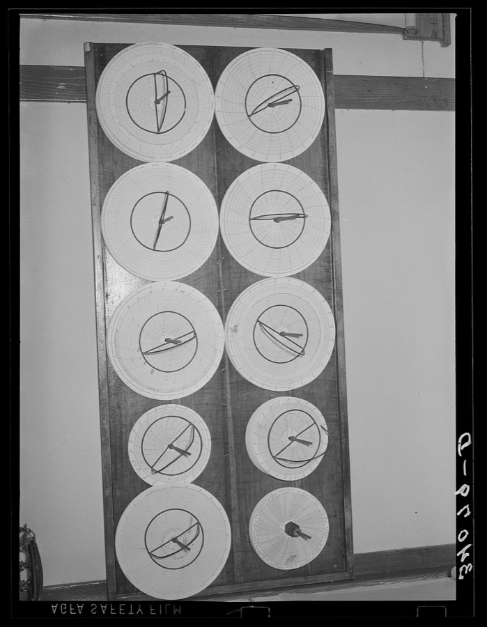 Recording thermometer charts at oil refinery. Seminole, Oklahoma