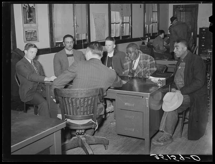 Committee from local chapter of UCAPAWA (United Cannery, Agricultural, Packing, and Allied Workers of America) meeting with FSA (Farm Security Administration) supervisor to request work grants, food or loans for sharecroppers and tenant farmers in the county. Sapulpa, Oklahoma