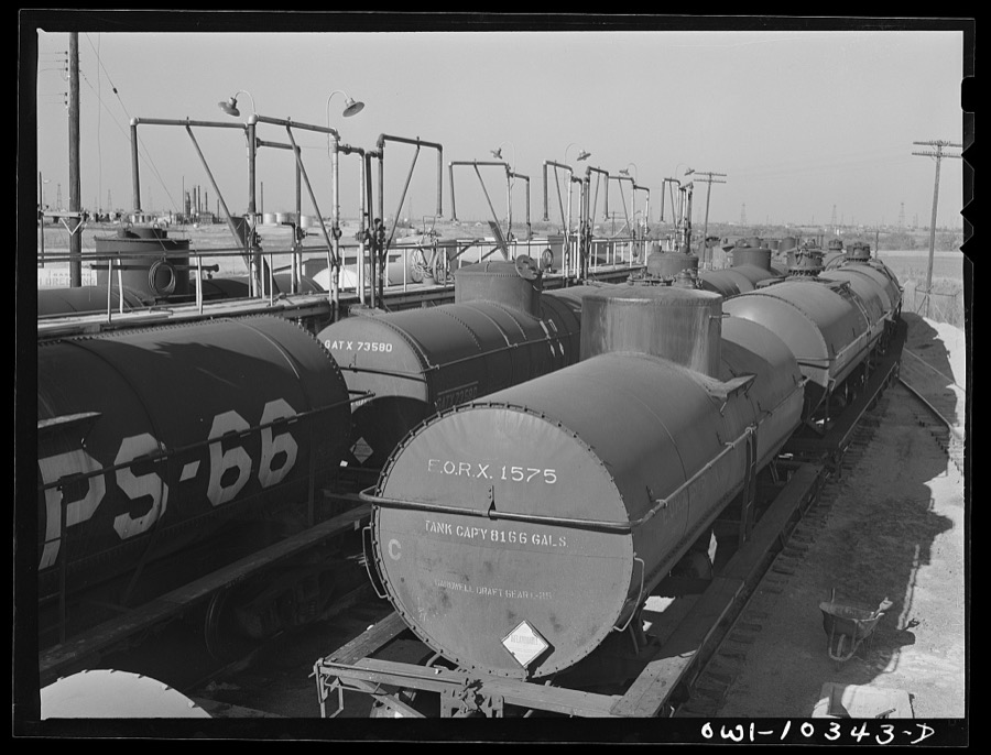 Tank cars at a gasoline plant loading rack