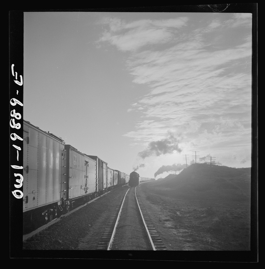 Curtis, Oklahoma. Helper engine leaving the train on Atchison, Topeka, and Santa Fe Railroad