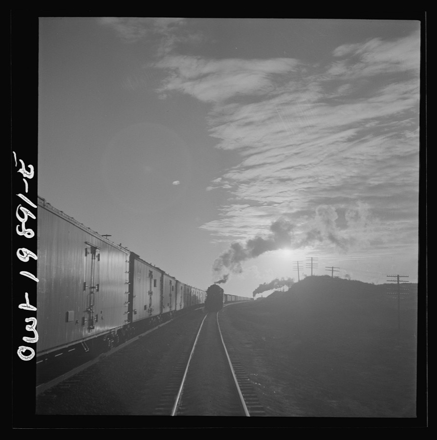 Curtis, Oklahoma. Helper engine leaving the train on Atchison, Topeka, and Santa Fe Railroad