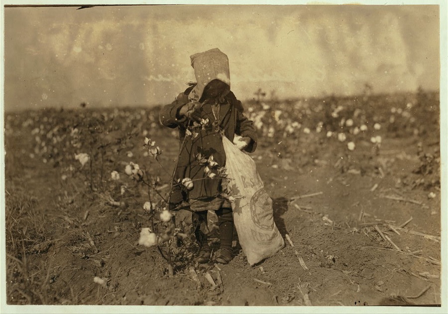 Dovey Kirkpatrick, 5 years old, picks 15 pounds of cotton a day (average) Mother said: "She jess works fer pleasure." See photos 4555 to 4557.  Location: Comanche County, Oklahoma
