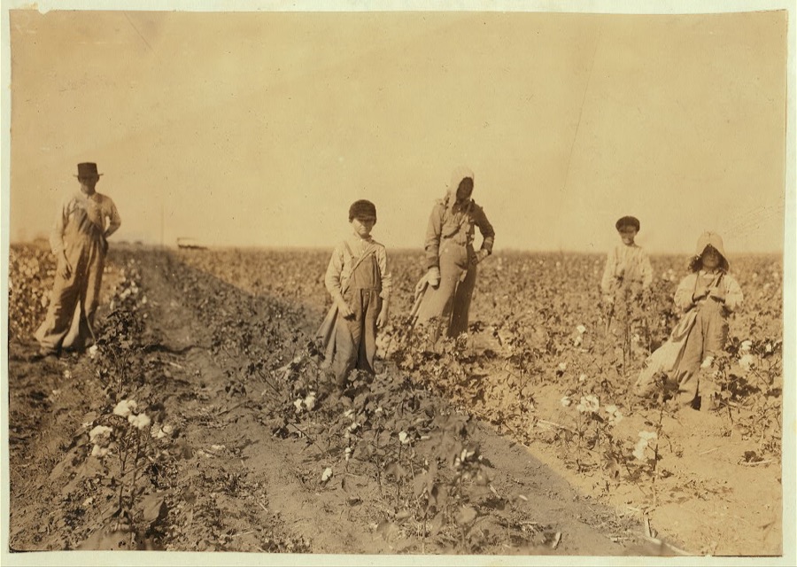 Family of J. M. Payne, Route 1, Lawton, Okla. Mrs. Payne and four children picking cotton. Mart, 5 years, picks from 10 to 20 pounds a day (average) Harley, 7 years, picks 40 pounds a day (average) Grandison, 10 years, pickes 75 pounds a day (average) Hubert, 15 years, picks 200 pounds and over. Go to Fairview School. Mother said: "Mart, he haint old nuff to go to school much, but he kin pick his 20 pounds a day. Mostly 10 or 15 pounds." Father is a renter.  Location: Comanche County, Oklahoma