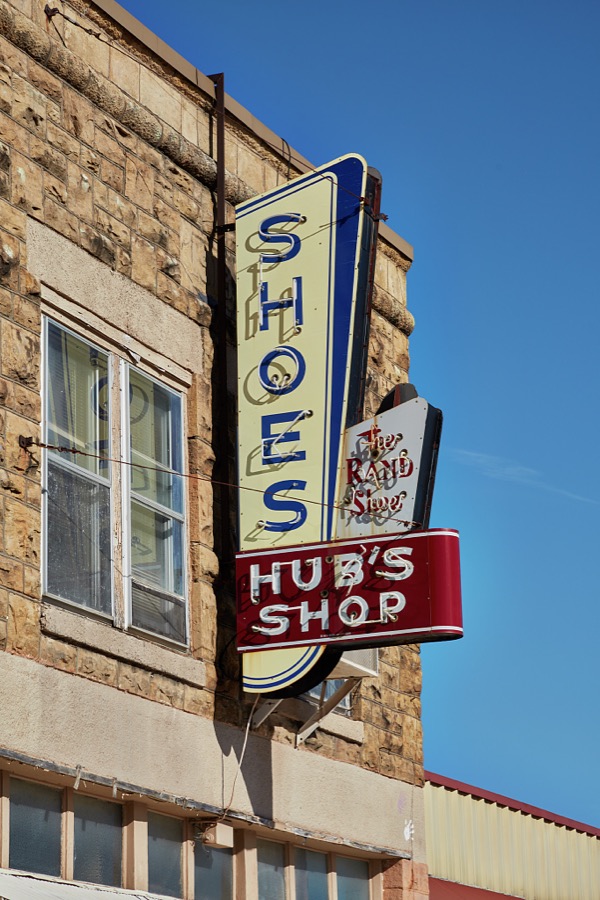 Sign for Hub's shoe shop in Barnsdall, a small city in Osage County, Oklahoma