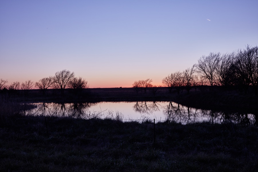 The sun sets over a pond and grove of trees in Osage County, Oklahoma