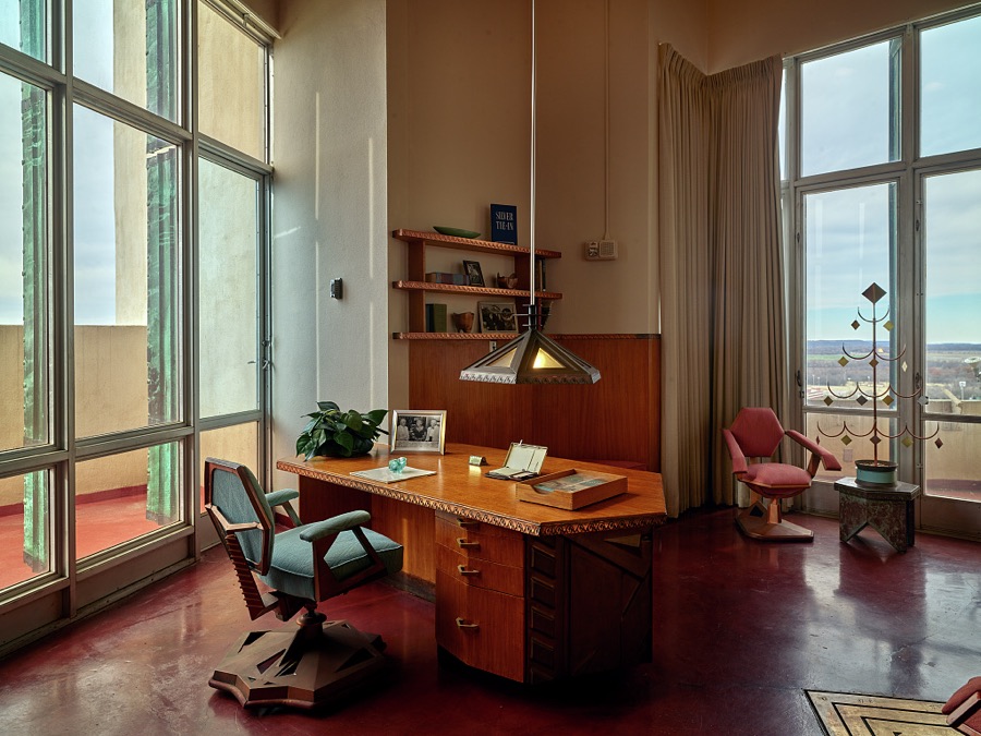 The office of renowned American architect Frank Lloyd Wright, inside one of the most famous buildings that he designed, the 19-story, heavily art-deco styled, Price Tower, completed in 1956 in Bartlesville, Oklahoma