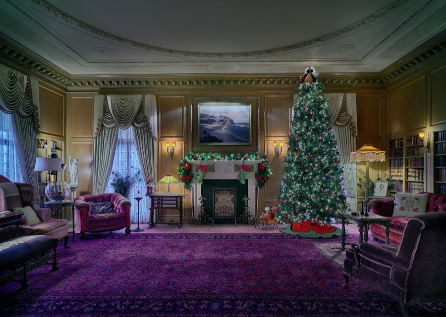 The library of the Frank Phillips home, decorated for Christmas, in Bartlesville, Oklahoma