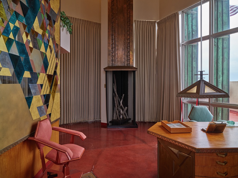 A portion of the office of renowned American architect Frank Lloyd Wright inside one of the most famous buildings that he designed, the 19-story, heavily art-deco styled, Price Tower, completed in 1956 in Bartlesville, Oklahoma