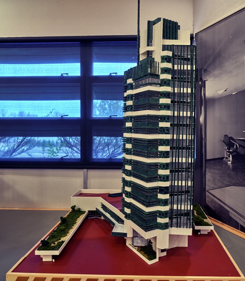 A replica of renowned American architect Frank Lloyd Wright's model for one of the most famous buildings that he designed, the 19-story, heavily art-deco styled, Price Tower, completed in 1956 in Bartlesville, Oklahoma