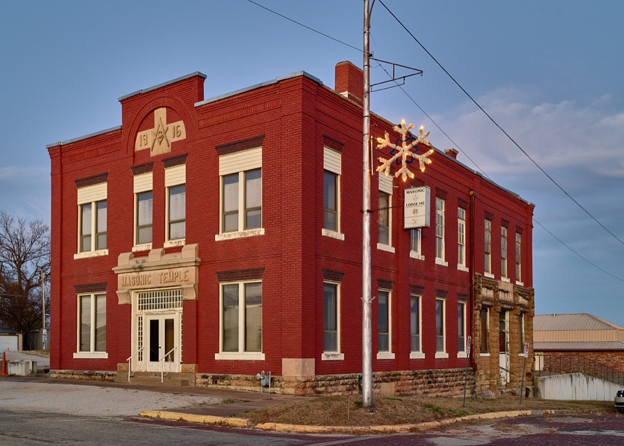 The colorful Masonic Building was constructed in 1902 as the Arkansas (River) National Bank in Pawnee, the seat of Pawnee County, Oklahoma, which also overlaps the Pawnee Nation, whose people were among thousands of American Indians forcibly removed from eastern lands and relocated to what was called the "Indian Nation" in the 1800s