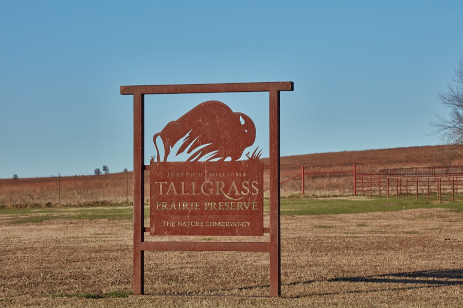 Metal-art sign within the Joseph H. Williams Tallgrass Prairie Preserve, owned and managed by the Nature Conservancy near the town of Foraker, in Osage County, Oklahoma
