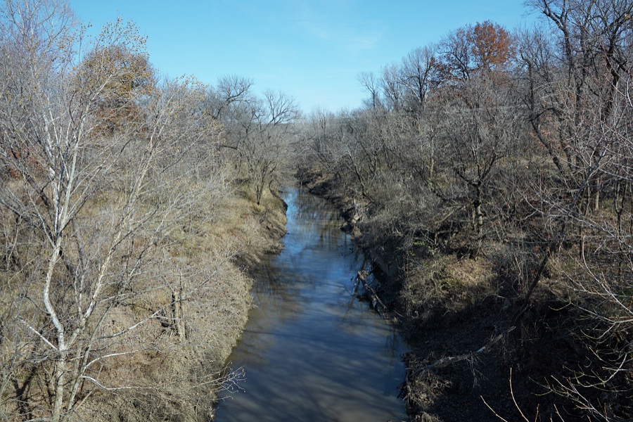View down the narrow Candy Creek from the Chief James Bigheart Memorial Bridge in Osage County, Oklahoma